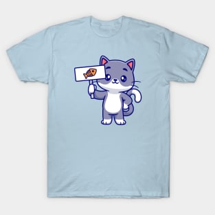 Cute Cat Holding Fish Board Cartoon T-Shirt